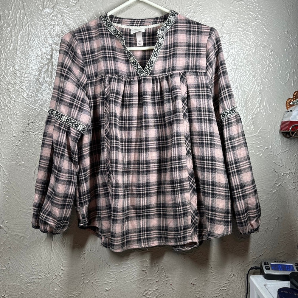 Knox Rose Plaid Top Pink & Black Peasant Blouse Elastic Cuff Womens Medium